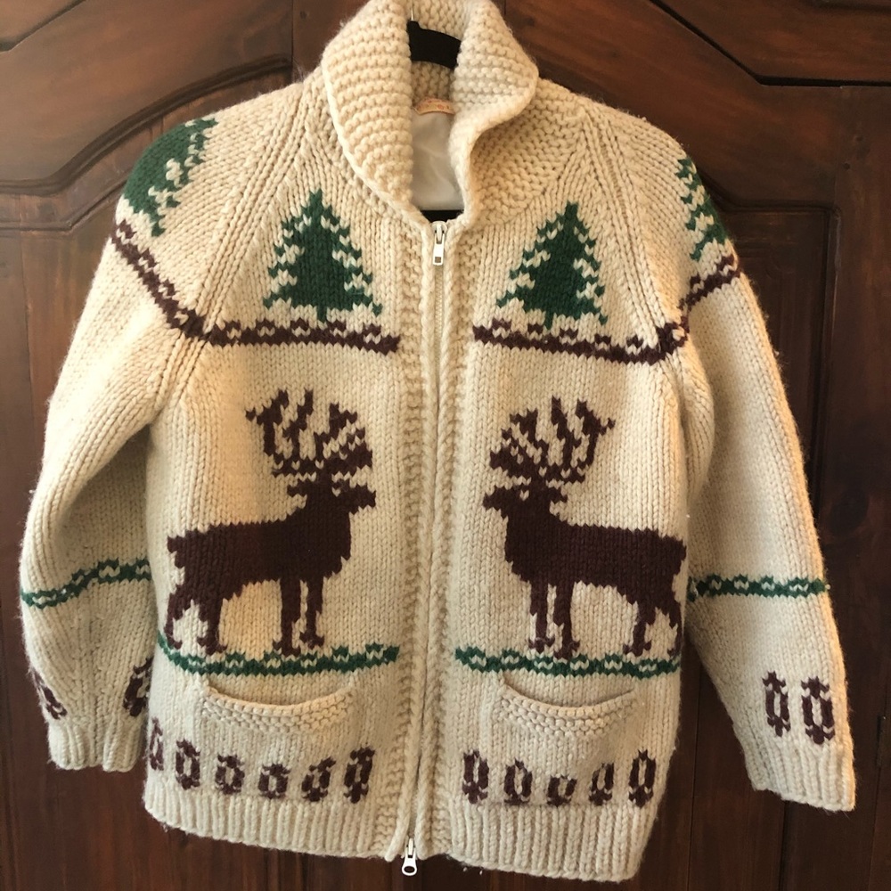 Vintage wool reindeer/tree cowichan zip sweater